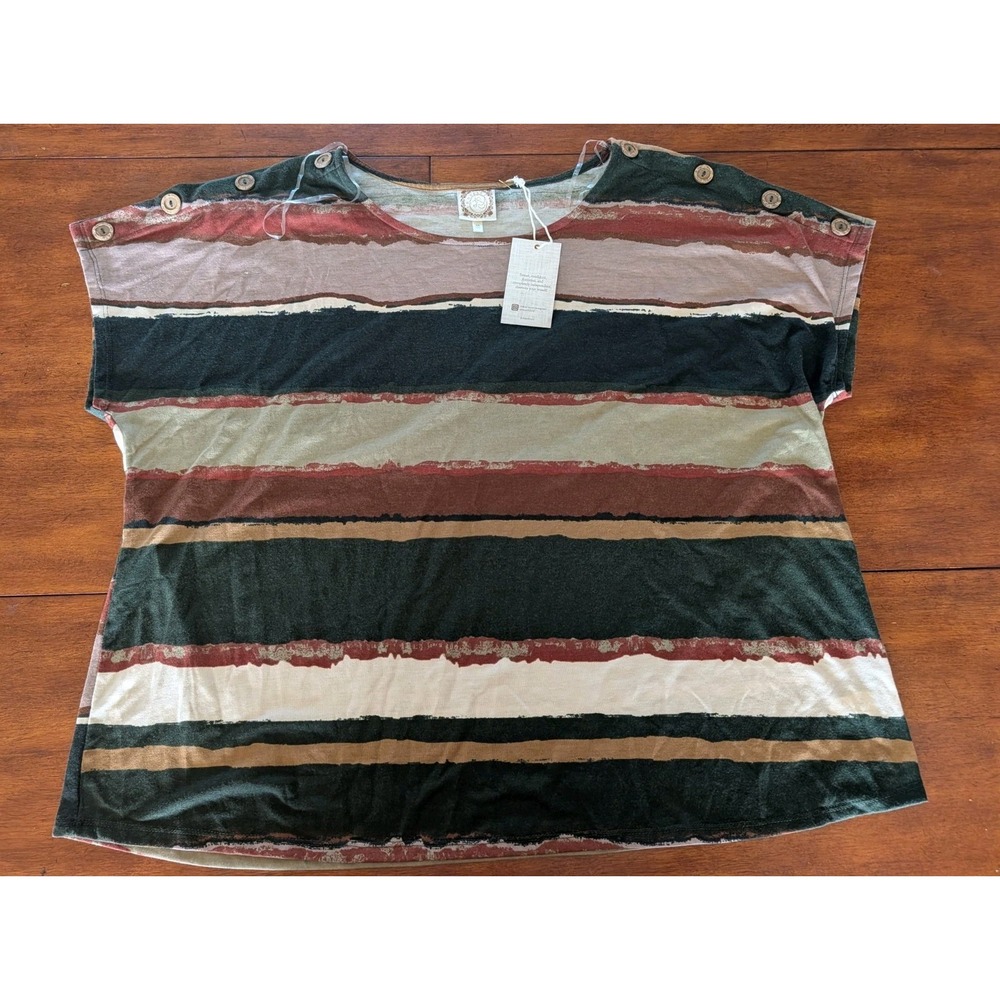 Tru Self Womens 3X Striped Short Sleeve Pullover Shirt Blue Multi Button Accent